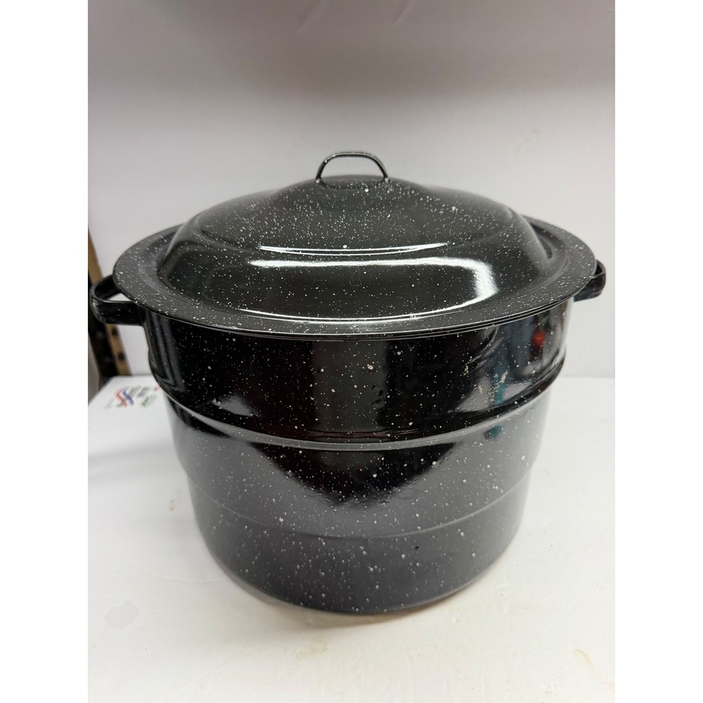 Granite Ware Black Speckled Enamel Canning Pot with Lid and Jar Rack Stockpot